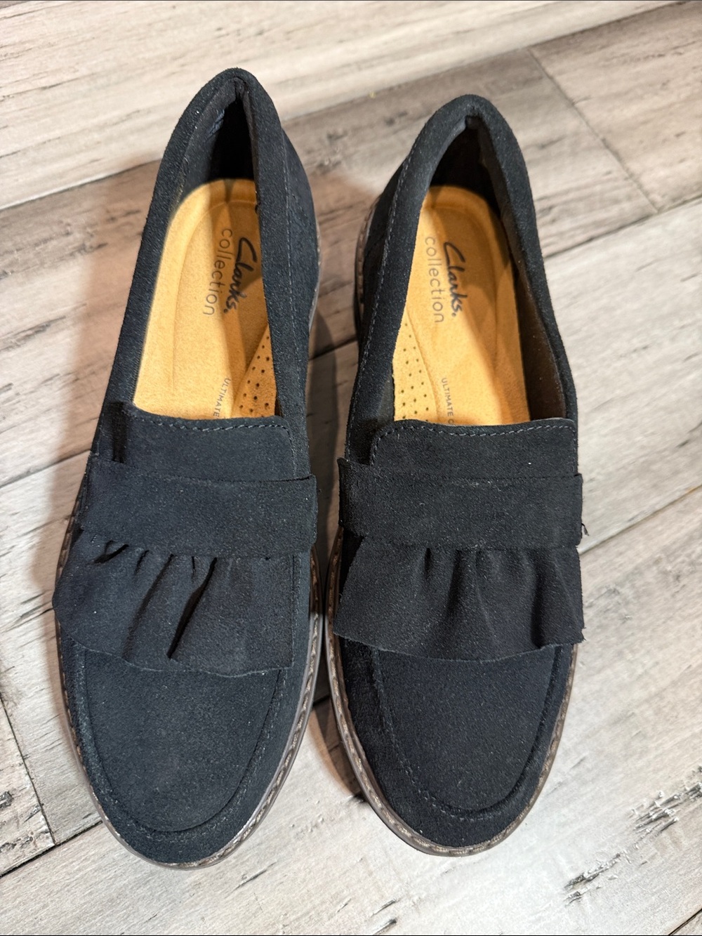 Clarks Black Suede Ruffle Loafers
